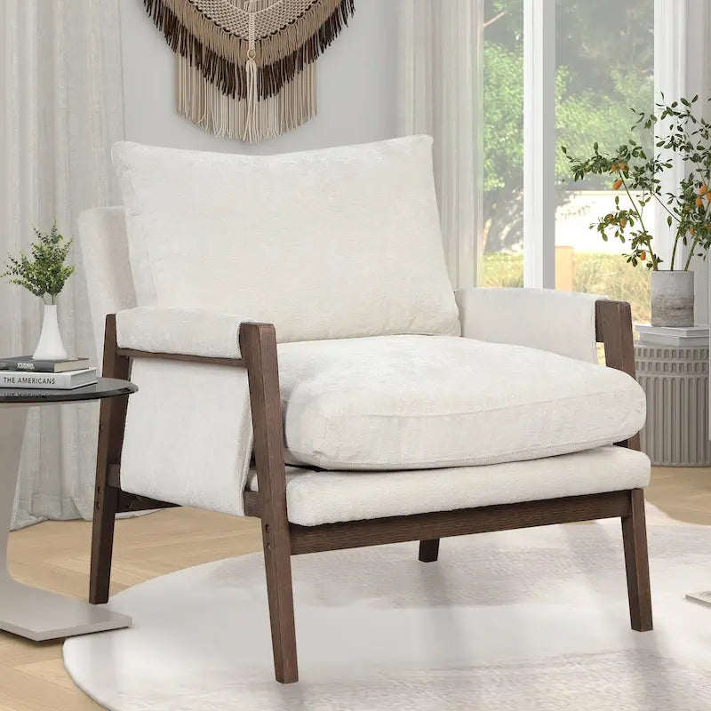White Velvet Armchair with Rubberwood Frame