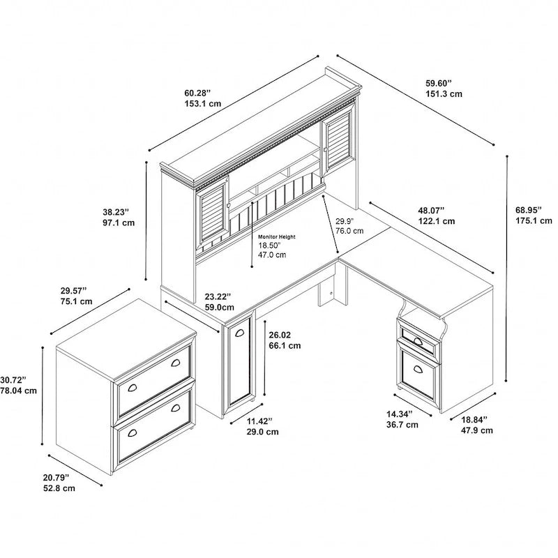 60W L-Shaped Desk with Hutch and Lateral File Cabinet - Farmhouse Style-5