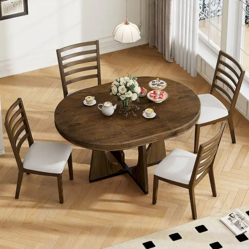 5 Piece Extendable Dining Table Set Retro Round Dining Table and Chair Sets with Geometric Design for Kitchen Dining Room-26