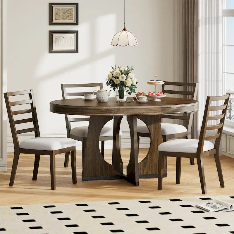 5 Piece Extendable Dining Table Set Retro Round Dining Table and Chair Sets with Geometric Design for Kitchen Dining Room