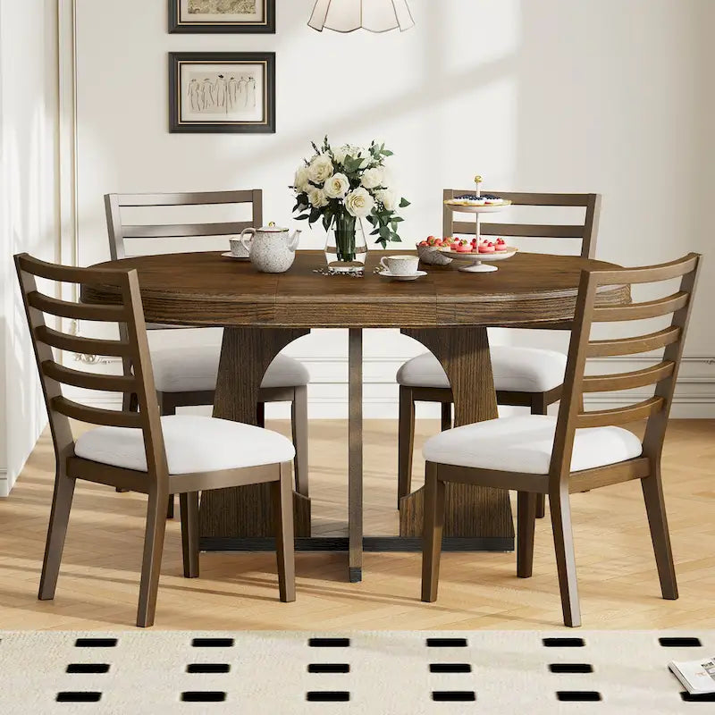 5 Piece Extendable Dining Table Set Retro Round Dining Table and Chair Sets with Geometric Design for Kitchen Dining Room-3
