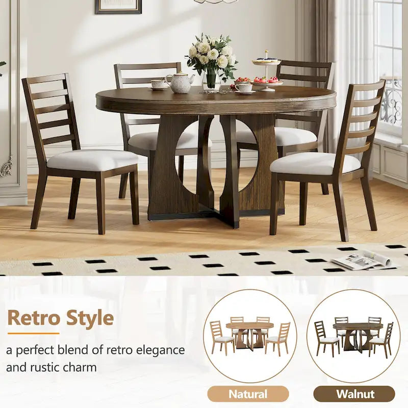 5 Piece Extendable Dining Table Set Retro Round Dining Table and Chair Sets with Geometric Design for Kitchen Dining Room-4