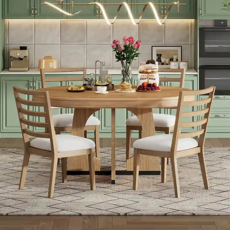 5 Piece Extendable Dining Table Set Retro Round Dining Table and Chair Sets with Geometric Design for Kitchen Dining Room-15