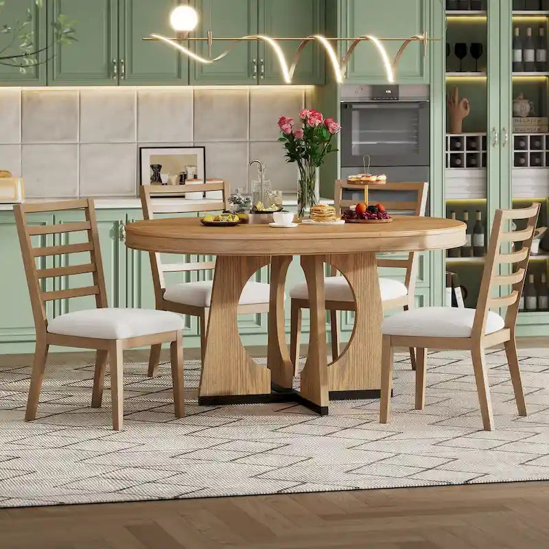 5 Piece Extendable Dining Table Set Retro Round Dining Table and Chair Sets with Geometric Design for Kitchen Dining Room-16
