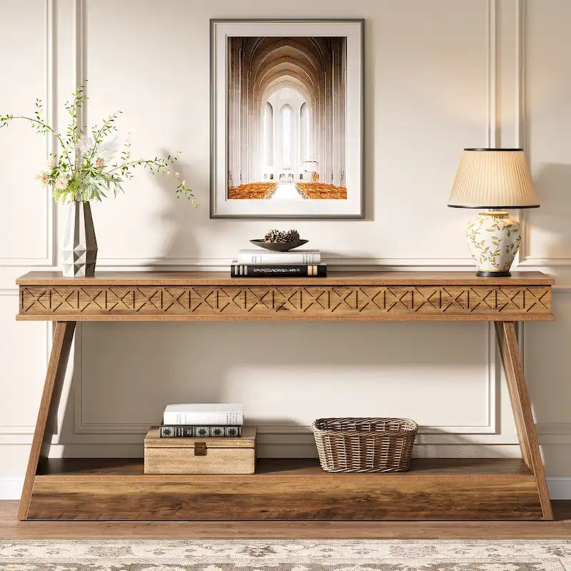 Vintage Brown 2-Tier Console Table - 70.87" Long Narrow Entryway Table