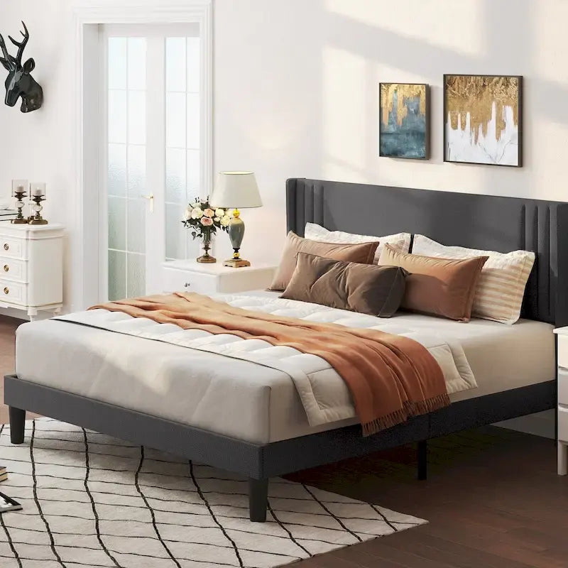 Twin/Full/Queen/King Bed Frame with Wingback Headboard, Upholstered Platform Bed-40