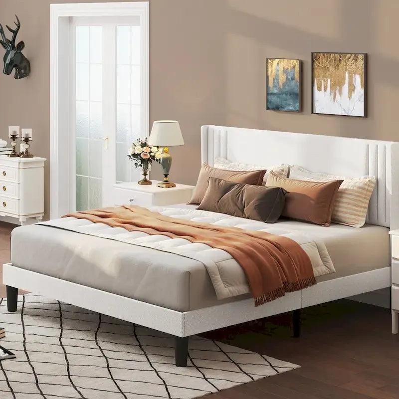 Twin/Full/Queen/King Bed Frame with Wingback Headboard, Upholstered Platform Bed-19