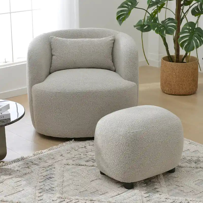 Beige Boucle Round Ottoman Footstool 23" Wide-13