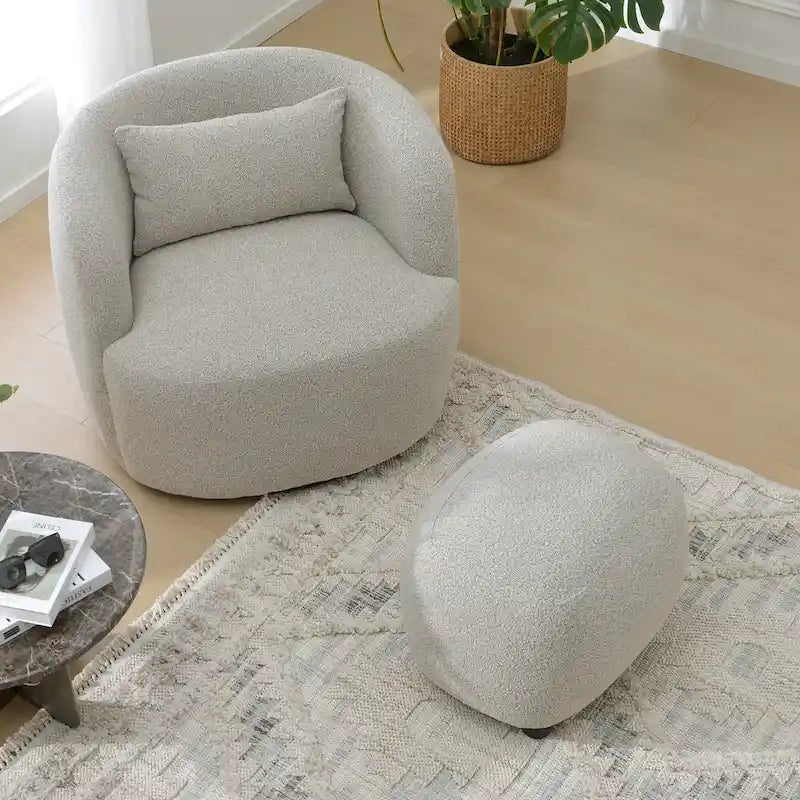 Beige Boucle Round Ottoman Footstool 23" Wide-15