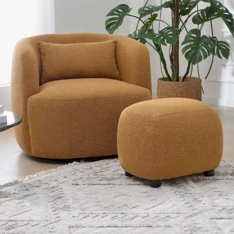 Beige Boucle Round Ottoman Footstool 23" Wide-29