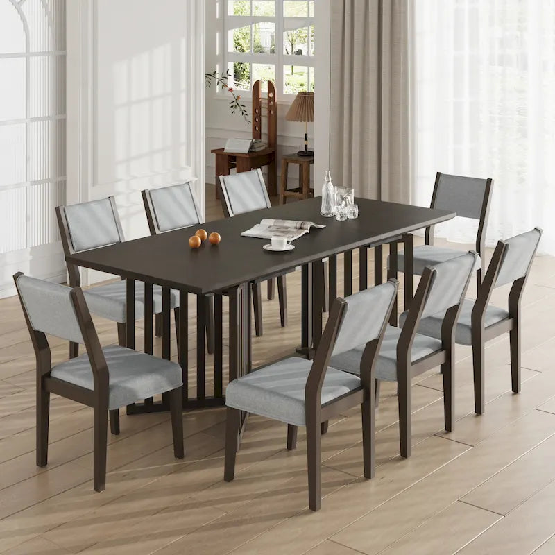 9-Pcs Extendable Dining Table Set, Kitchen Table and Chair Set with Rectangular Table and 8 Upholstered Dining Chairs-3
