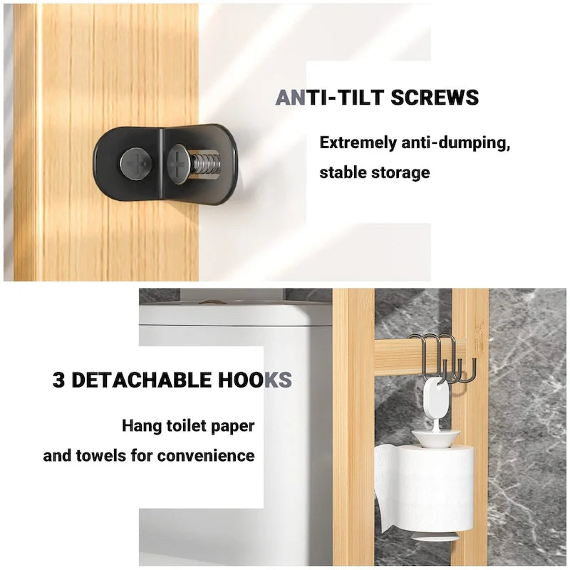 Over The Toilet Storage Shelf, Bamboo 3-Tier Above Toilet Storage Rack with 3 Hooks-7