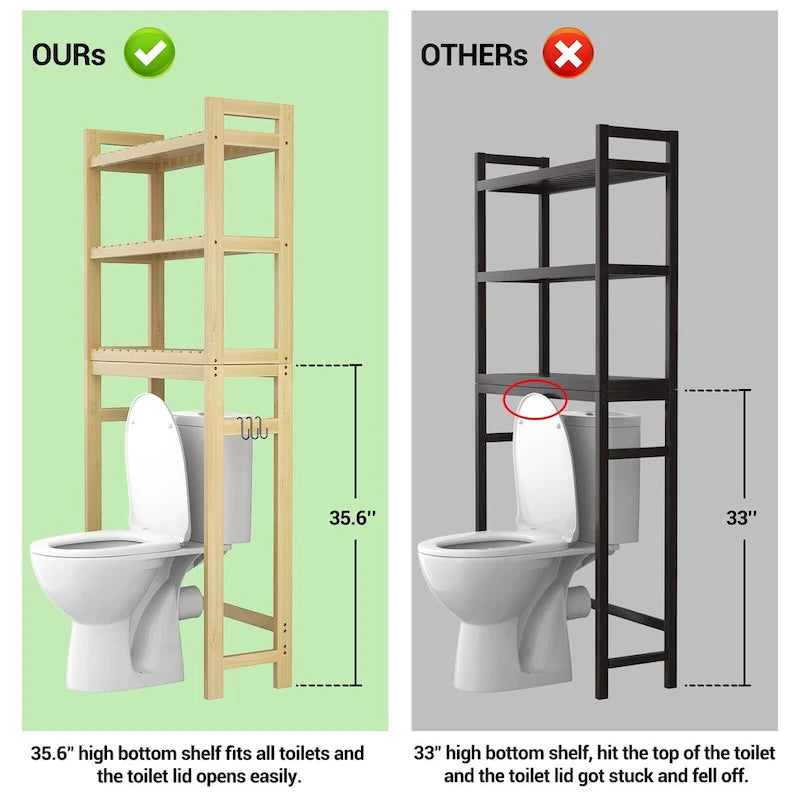 Over The Toilet Storage Shelf, Bamboo 3-Tier Above Toilet Storage Rack with 3 Hooks-8