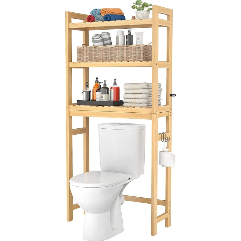 Over The Toilet Storage Shelf, Bamboo 3-Tier Above Toilet Storage Rack with 3 Hooks-9