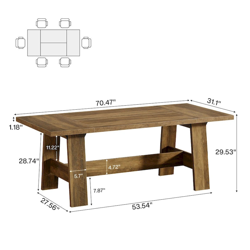 70-Inch Dining Table for 6-8, Rectangular Farmhouse Kitchen Table - 70.47W x 31.1D x 29.53H