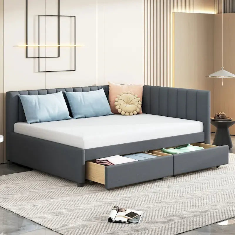 Gray Full Size Upholstered Daybed with Two Storage Drawers