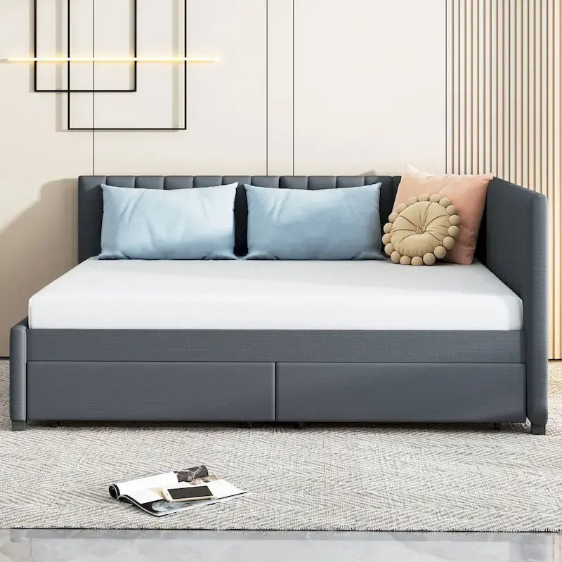 Gray Full Size Upholstered Daybed with Two Storage Drawers-2