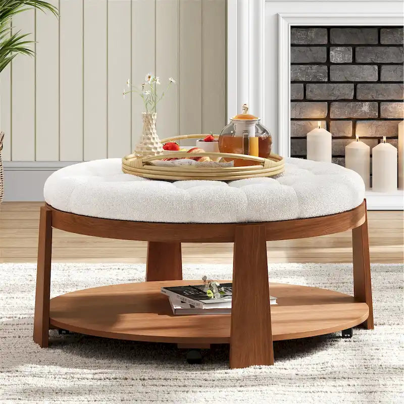 36 Round Button Tufted Upholstered Coffee Table with Wood Shelf and Wheel-36