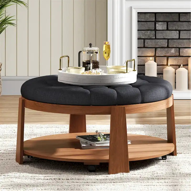 36 Round Button Tufted Upholstered Coffee Table with Wood Shelf and Wheel-37