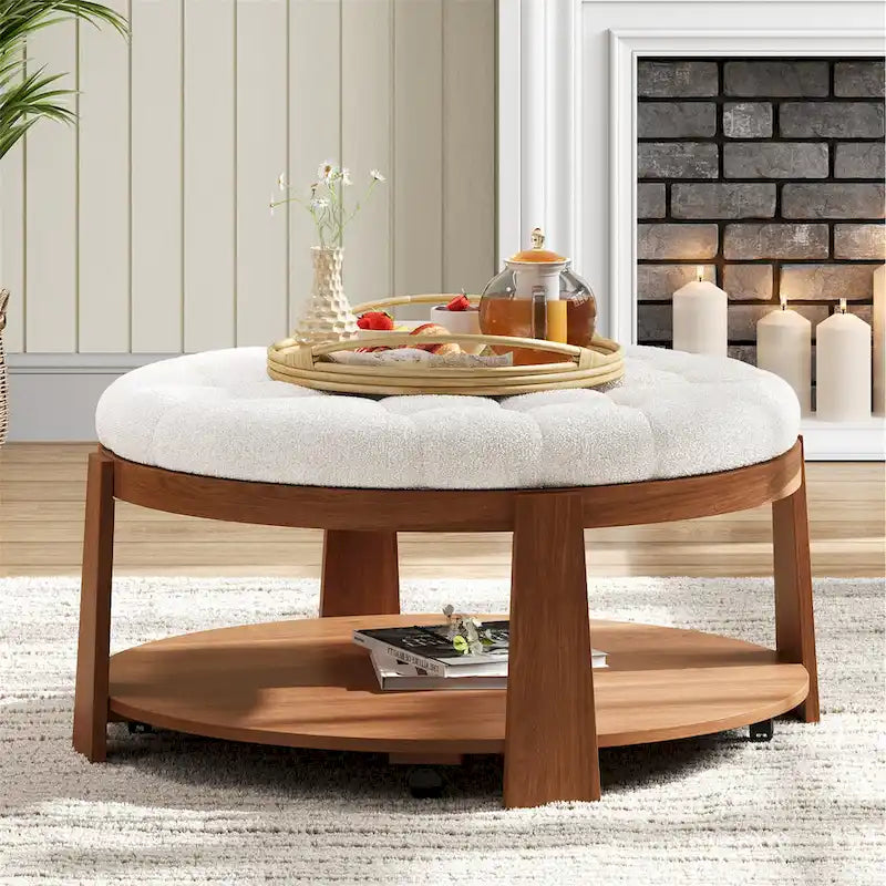 36 Round Button Tufted Upholstered Coffee Table with Wood Shelf and Wheel