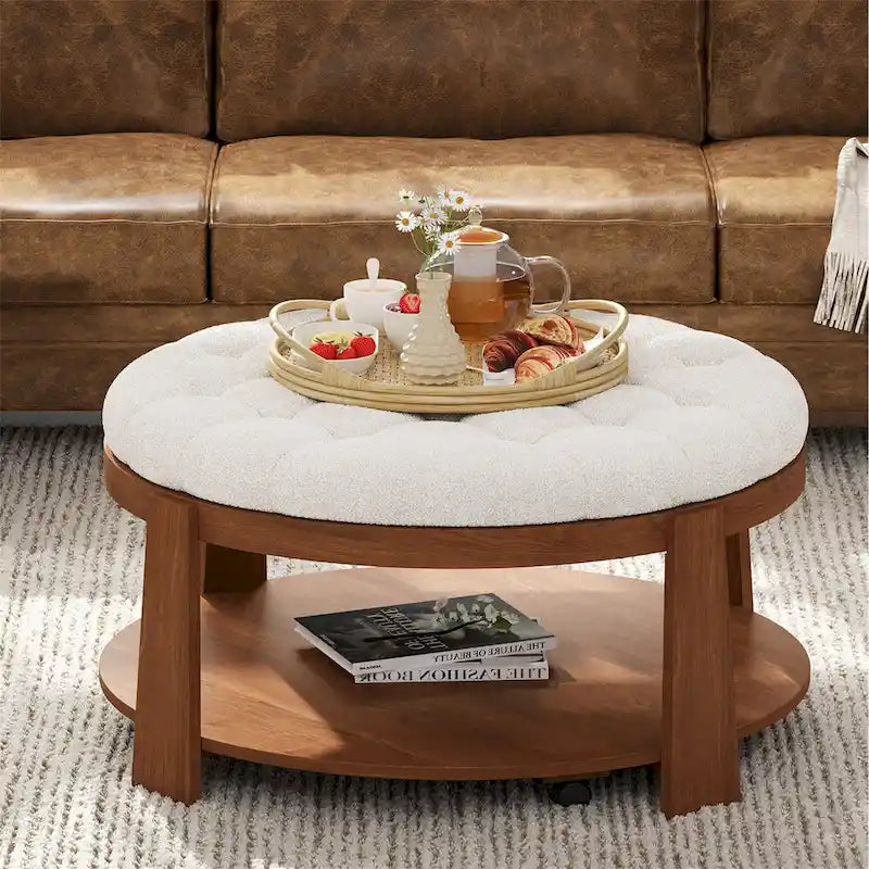 36 Round Button Tufted Upholstered Coffee Table with Wood Shelf and Wheel-2