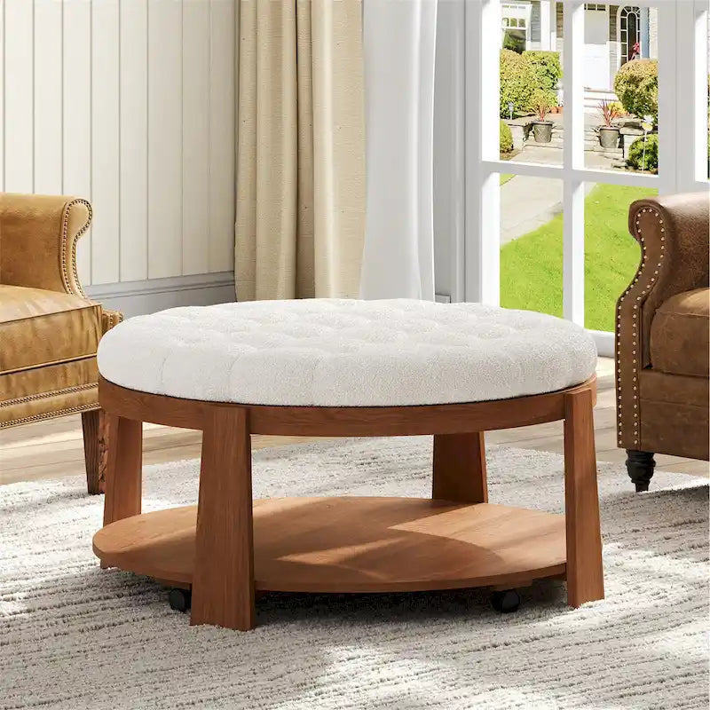 36 Round Button Tufted Upholstered Coffee Table with Wood Shelf and Wheel-4