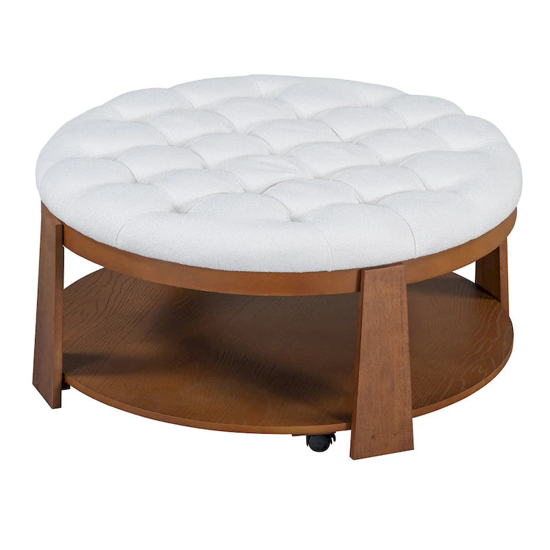 36 Round Button Tufted Upholstered Coffee Table with Wood Shelf and Wheel-13