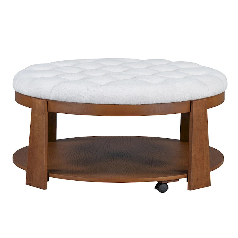 36 Round Button Tufted Upholstered Coffee Table with Wood Shelf and Wheel-15