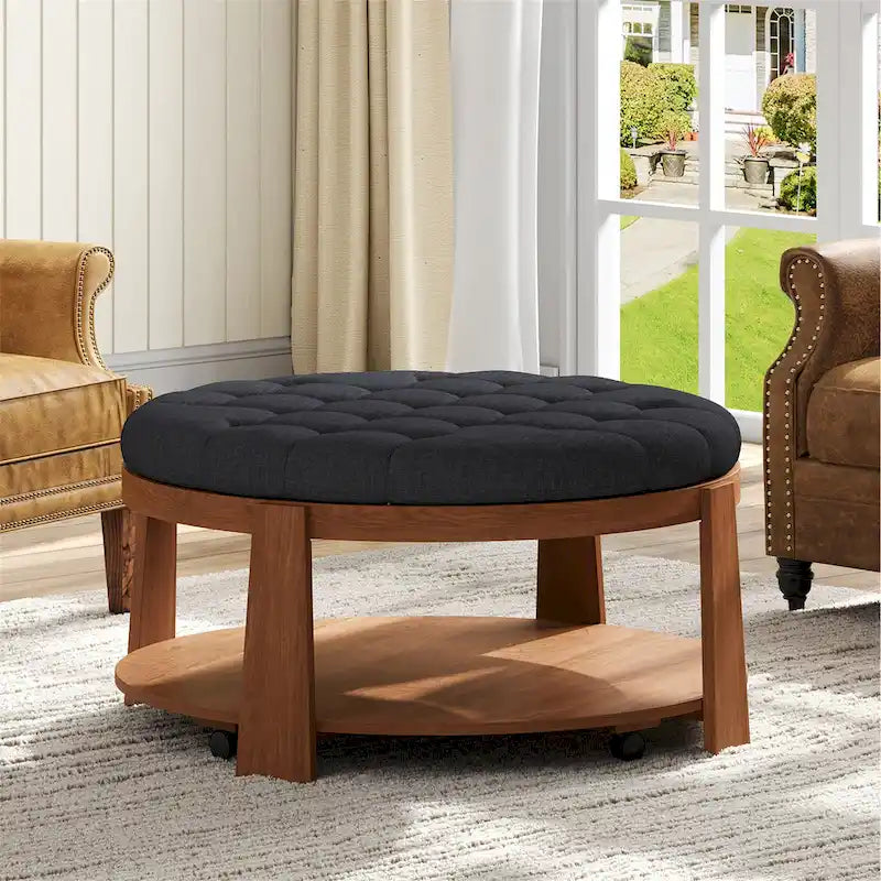 36 Round Button Tufted Upholstered Coffee Table with Wood Shelf and Wheel-22