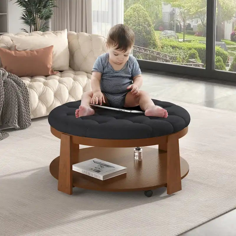 36 Round Button Tufted Upholstered Coffee Table with Wood Shelf and Wheel-24