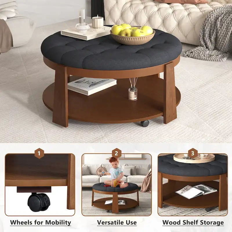36 Round Button Tufted Upholstered Coffee Table with Wood Shelf and Wheel-26