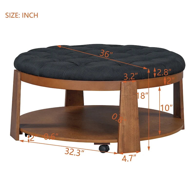 36 Round Button Tufted Upholstered Coffee Table with Wood Shelf and Wheel-27