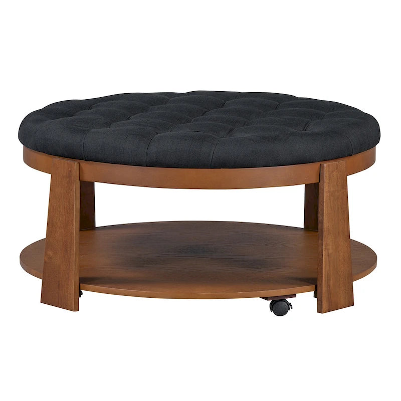 36 Round Button Tufted Upholstered Coffee Table with Wood Shelf and Wheel-29