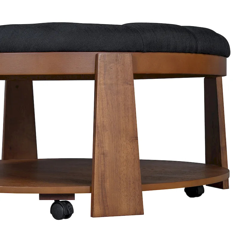 36 Round Button Tufted Upholstered Coffee Table with Wood Shelf and Wheel-32