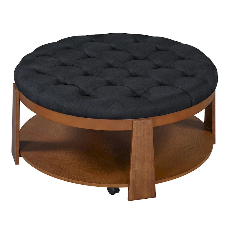 36 Round Button Tufted Upholstered Coffee Table with Wood Shelf and Wheel-35
