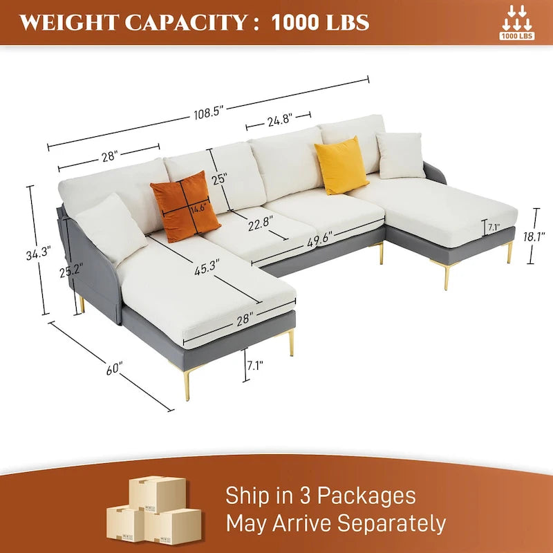 Gray U-Shape Sectional Sofa with Double Chaise - 4 Seat-30