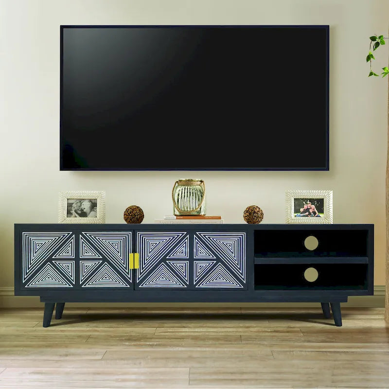 56-inch Mango Wood TV Stand with Geometric Doors - Natural/Black