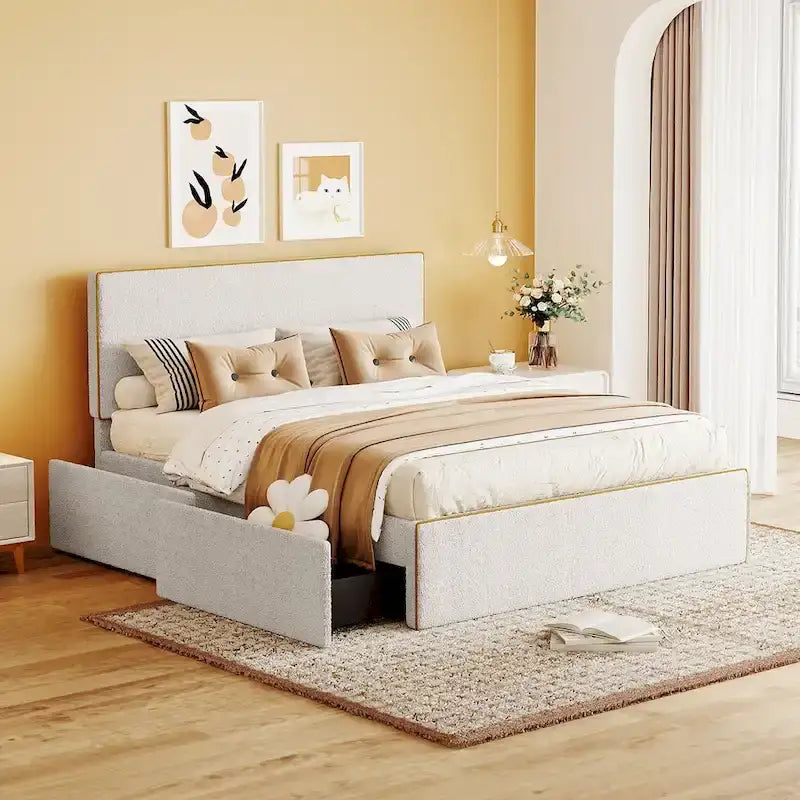 Upholstered Platform Bed with 4 Drawers and Golden Edge