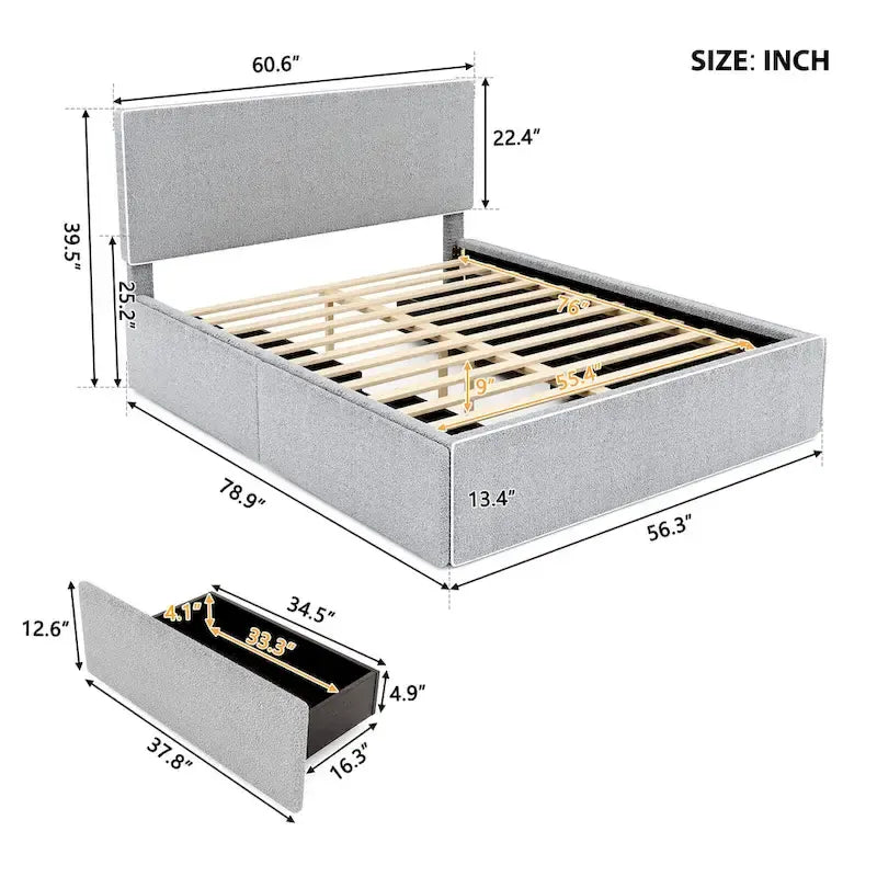 Upholstered Platform Bed with 4 Drawers and Golden Edge
