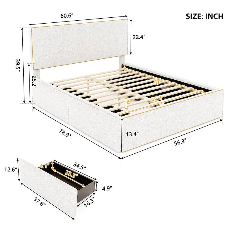 Upholstered Platform Bed with 4 Drawers and Golden Edge-5