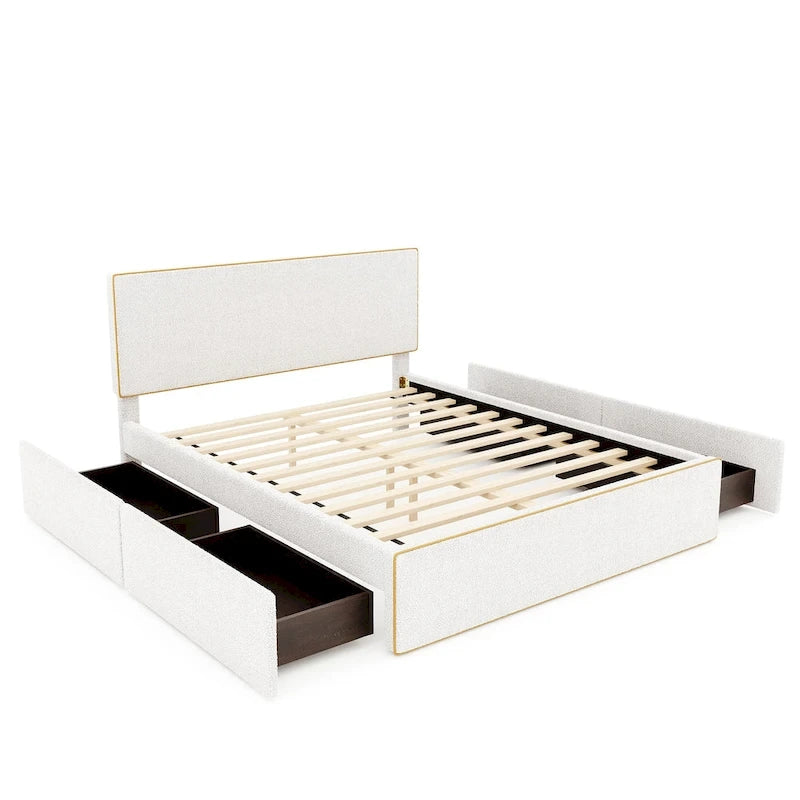 Upholstered Platform Bed with 4 Drawers and Golden Edge