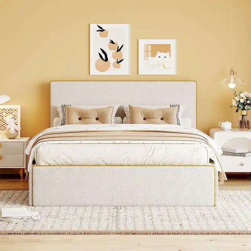 Upholstered Platform Bed with 4 Drawers and Golden Edge