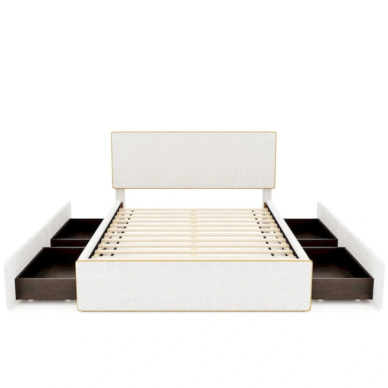 Upholstered Platform Bed with 4 Drawers and Golden Edge