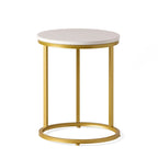 Indoor wrought iron side table with a wood-like finish and C-shaped design.