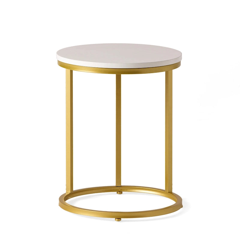 Indoor wrought iron side table with a wood-like finish and C-shaped design.