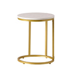 Indoor wrought iron side table with a wood-like finish and C-shaped design.