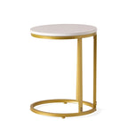 Indoor wrought iron side table with a wood-like finish and C-shaped design.