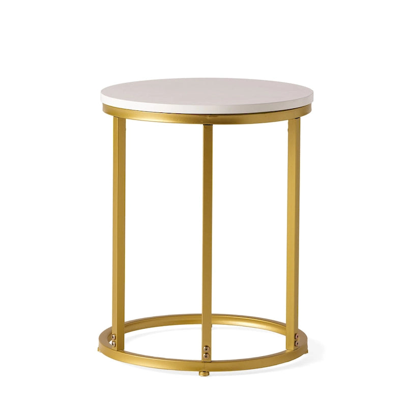Indoor wrought iron side table with a wood-like finish and C-shaped design.