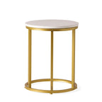 Indoor wrought iron side table with a wood-like finish and C-shaped design.