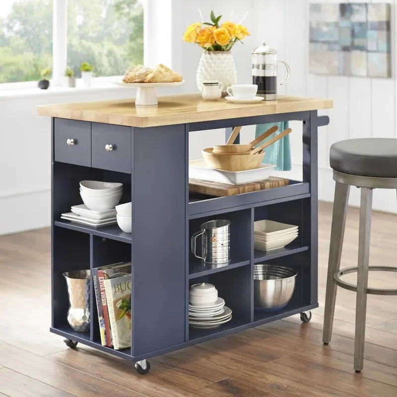White Rolling Kitchen Island Cart with Natural Wood Top